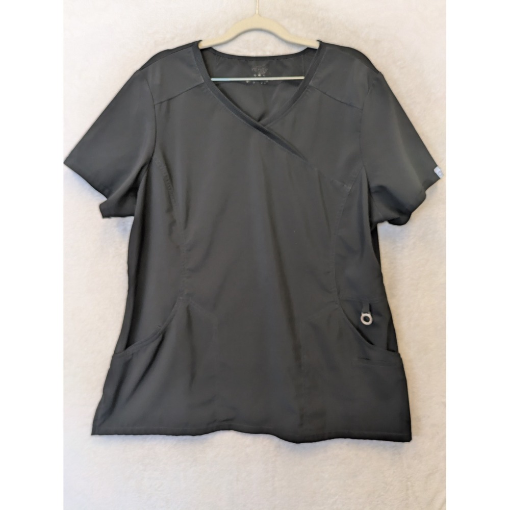 Infinity Scrub Top Women's XL Black Mock Wrap V-Neck Short Sleeve